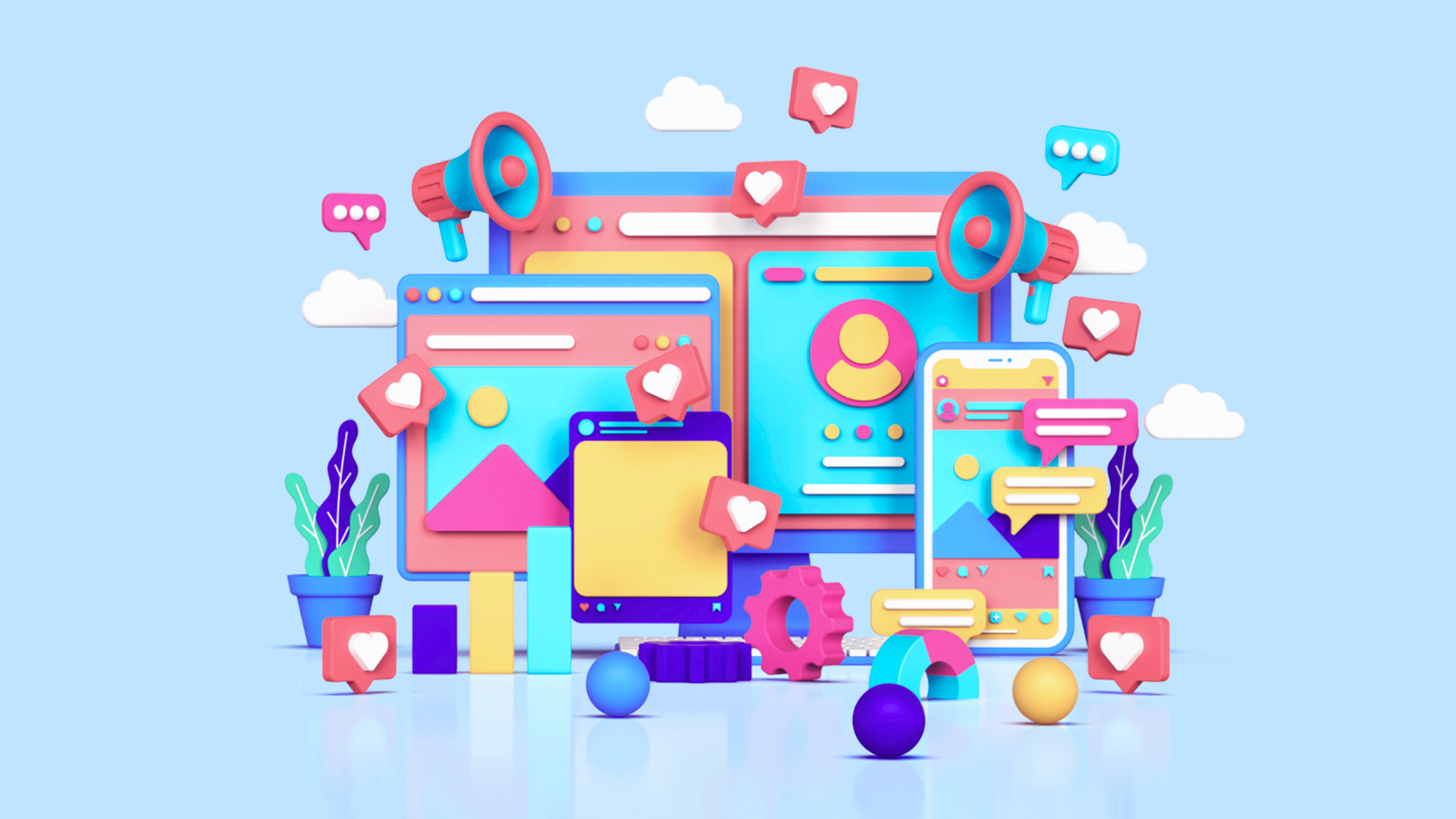 Colorful 3D illustration of a vibrant social media dashboard showcasing desktop and mobile interfaces with user profiles, likes, messages, graphs, megaphones, and various engagement icons floating around. Surrounded by plants, clouds, and abstract shapes, symbolizing digital interaction, online content sharing, and ecommerce marketing in a playful and dynamic environment.