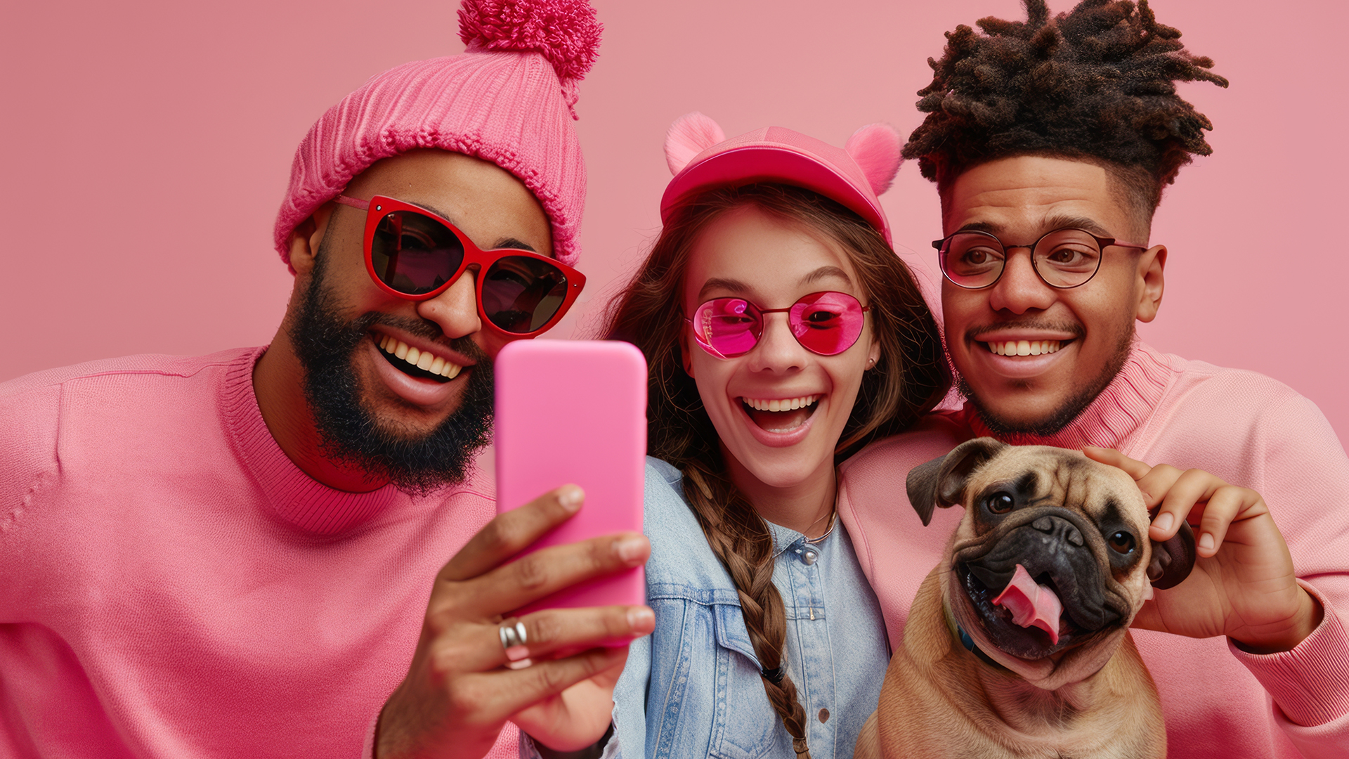 Diverse group of young micro influencers wearing pink and creating fun social media content with a cute pug dog on a vibrant pink background, capturing a selfie for online engagement and creator marketing.