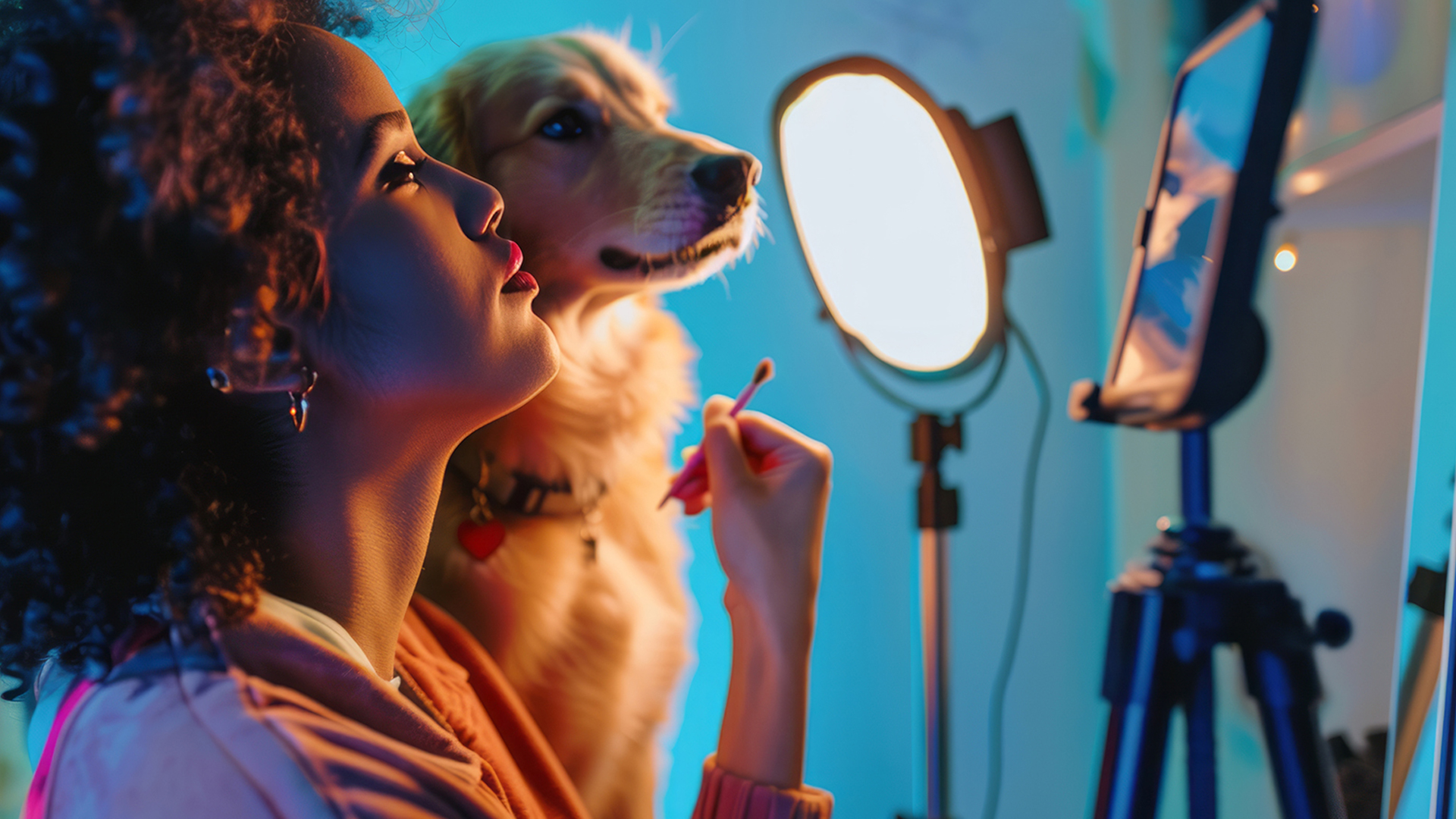 Pet influencer and micro creator producing social commerce content at home with golden retriever. Female digital creator live streaming makeup tutorial with pet beside her, using smartphone, ring light, and tripod — showcasing the rise of pet creators, home content studios, and how everyday users monetize on platforms like Jumpspree. 