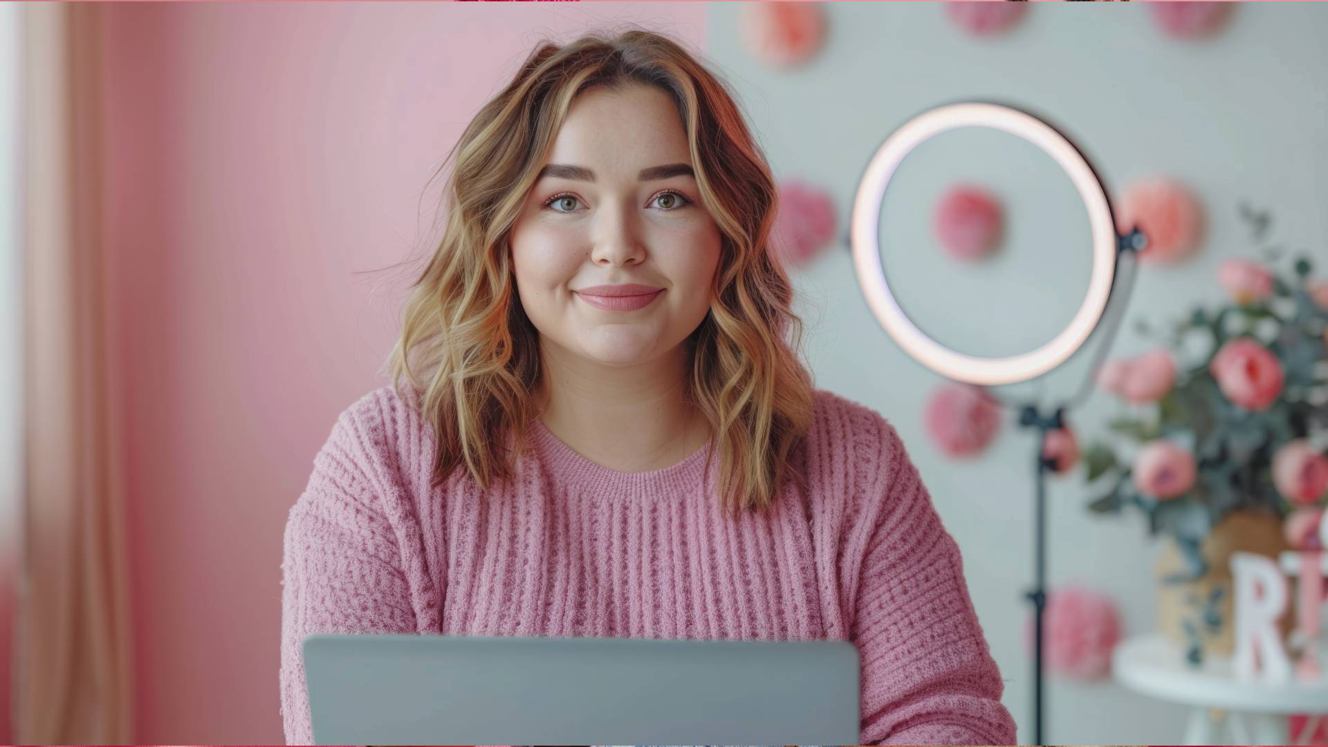 Pet influencer and micro creator producing social commerce content at home with golden retriever. Female digital creator live streaming makeup tutorial with pet beside her, using smartphone, ring light, and tripod — showcasing the rise of pet creators, home content studios, and how everyday users monetize on platforms like Jumpspree. 