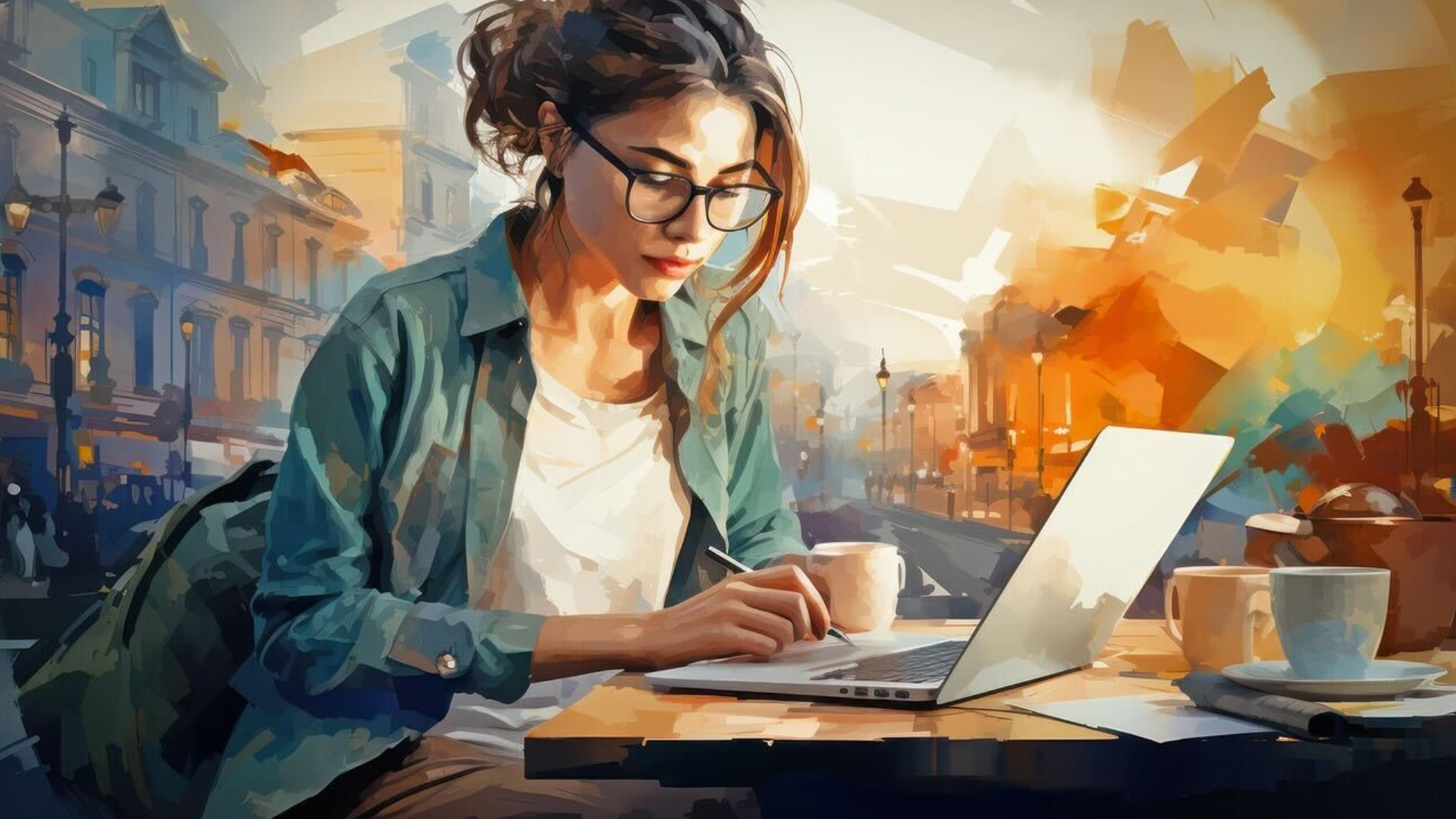 Digital illustration of a stylish young woman with glasses working on a laptop at an outdoor café during golden hour. She holds a stylus while sipping coffee, surrounded by warm sunlight and a city street backdrop. Ideal depiction of remote work, digital nomad lifestyle, creative freelancer routine, and modern content creation in a European-style urban setting.