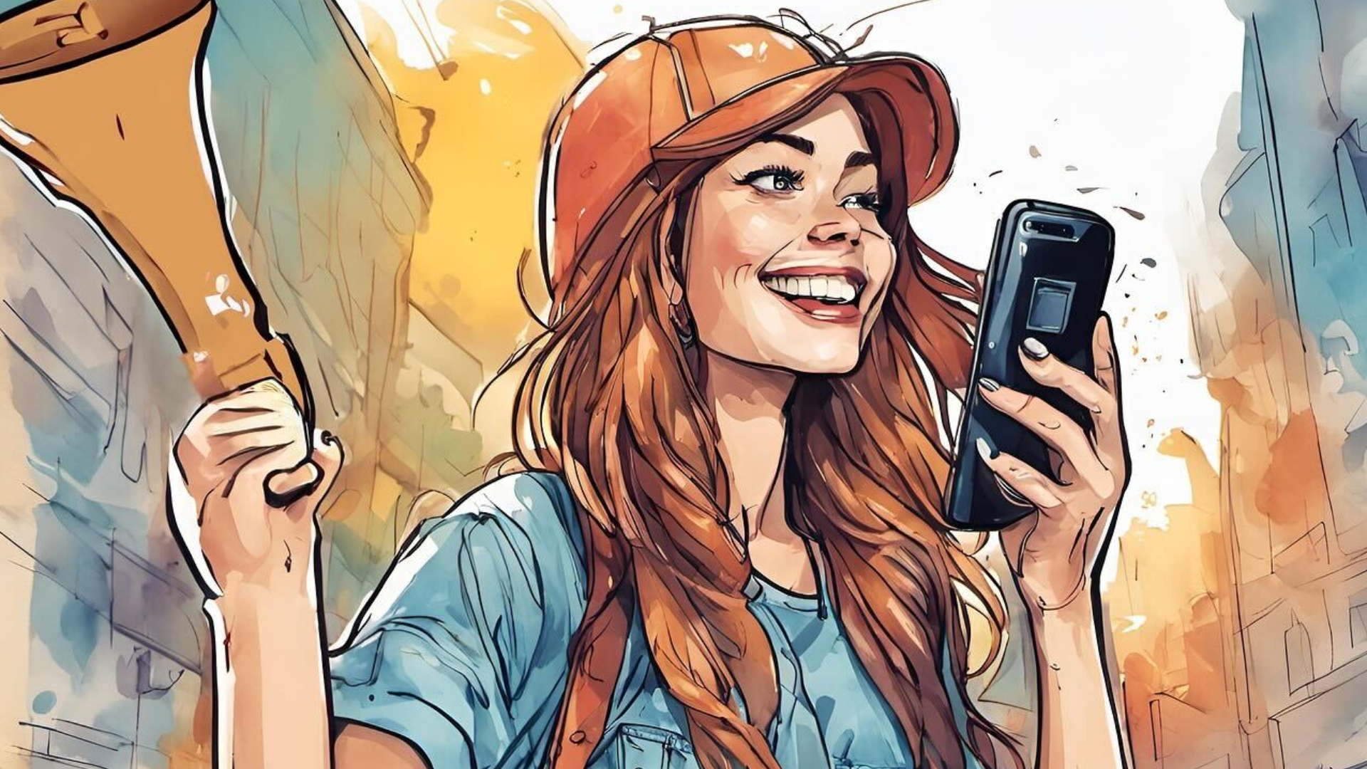 Vibrant digital artwork of a cheerful young woman wearing a cap and backpack, holding a megaphone in one hand and a smartphone in the other. She’s smiling brightly while walking through a colorful urban street, symbolizing youth activism, social media engagement, community energy, and digital-era storytelling. The scene radiates positivity and modern street culture vibes.